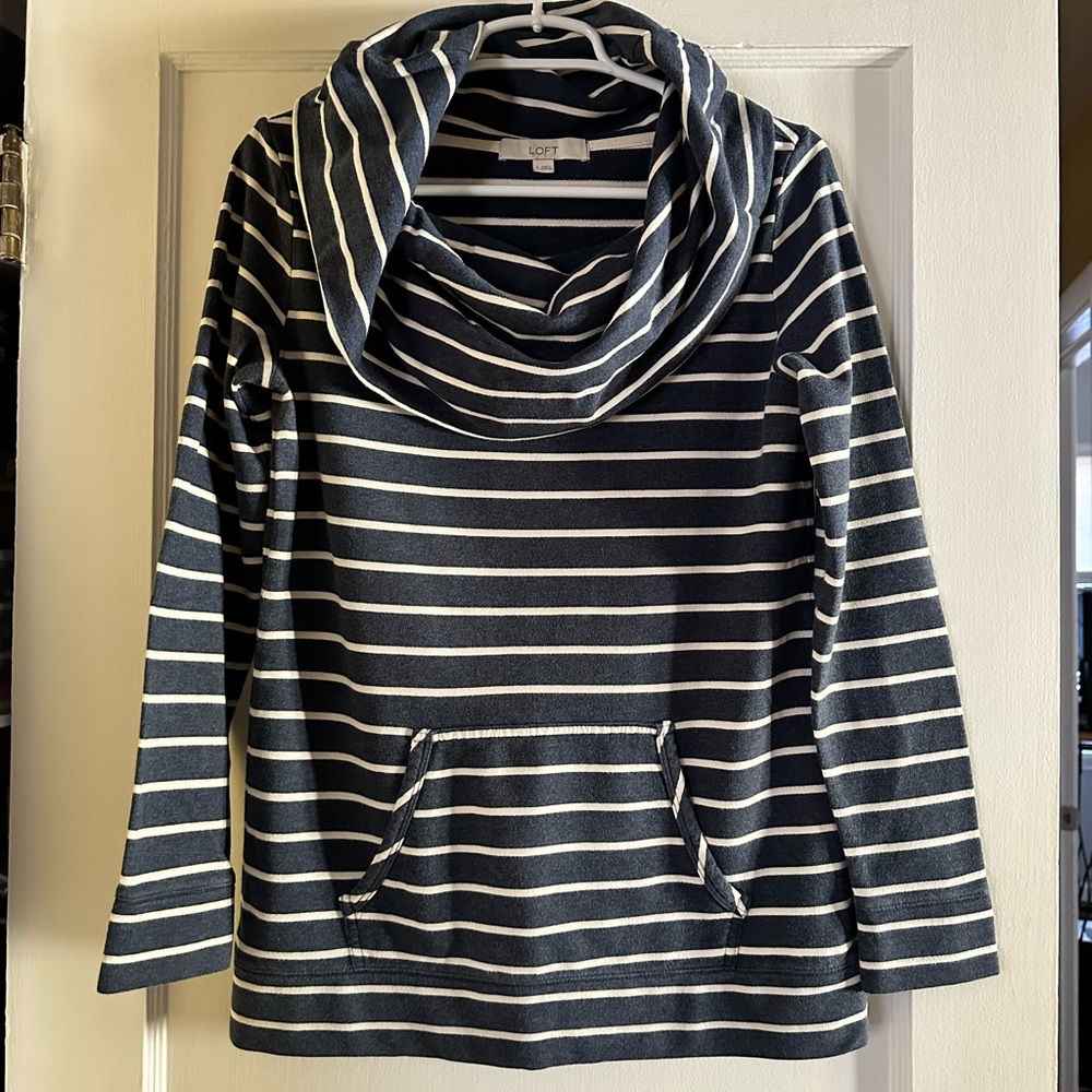LOFT Navy and White Striped Cowl Neck Sweater